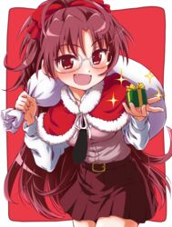  bespectacled black_necktie capelet christmas commentary_request cowboy_shot female fur-trimmed_capelet fur_trim gift glasses grey-framed_eyewear heart highres holding holding_gift holding_sack inoue_kouji leaning_forward long_hair long_sleeves looking_at_viewer mahou_shoujo_madoka_magica mahou_shoujo_madoka_magica_(anime) miniskirt necktie oerba_yun_fang open_mouth outside_border over_shoulder pink_shirt pleated_skirt purple_eyes purple_hair purple_skirt red_background red_capelet sack sakura_kyoko santa_costume shirt skirt smirk solo sparkle standing textless_version white_shirt 