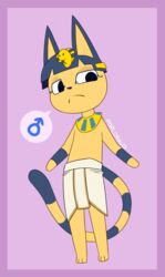  absurd_res animal_crossing ankha_(animal_crossing) anthro blue_hair border clothed clothing domestic_cat egyptian felid feline felis gender_symbol hair hi_res male male_symbol mammal nintendo porldraws purple_border rule_63 solo symbol topless topless_male 