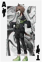  agnes_tachyon_(umamusume) ahoge alternate_costume animal_ears black_jacket black_pants brown_eyes brown_hair cargo_pants earrings english_text female full_body green_footwear highres horse_ears horse_girl horse_tail jacket jaggy_lines jewelry long_sleeves looking_at_viewer medium_hair messy_hair neonfloyd pants shoes single_earring sleeves_past_fingers sleeves_past_wrists sneakers solo tail test_tube umamusume 