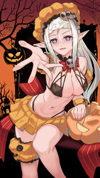  black_bra blush bra braid breasts cleavage fangs fangs_out feet_out_of_frame female girls&#039;_frontline halloween halloween_bucket halloween_costume happy_halloween highres jamgom long_hair looking_at_viewer medium_breasts mp5_(girls&#039;_frontline) navel open_mouth orange_skirt pointy_ears pumpkin_hat purple_eyes sitting skirt smile solo underwear white_hair 