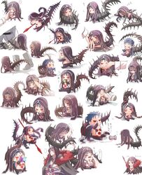  1other 2boys angry blue_hair bodypaint cape chaldea_uniform chibi closed_mouth cu_chulainn_(fate) cu_chulainn_alter_(fate) cu_chulainn_alter_(third_ascension)_(fate) dark_persona detached_hood eating facepaint fate/grand_order fate_(series) fujimaru_ritsuka_(male) full_body fur-trimmed_cape fur_trim gae_bolg_(fate) hair_down headpat highres holding holding_polearm holding_weapon hood long_hair mana_prism mini_cu-chan_(fate) multiple_boys multiple_views needle open_mouth pants polearm ponytail red_eyes saint_quartz_(fate) sharp_teeth simple_background sleeping spear speech_bubble spiked_hair spikes spool tail teeth topless_male touching weapon white_background yukinaga_(asuten) 