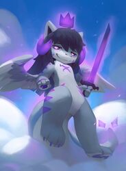  anthro black_hair blue_sky cloud cloudy_background crown domestic_cat dragon ears_up elodoart feathered_wings feathers felid feline felis fluffy flying fur gem grey_body hair headgear hi_res horn hybrid kemono left-handed looking_at_viewer magic male mammal melee_weapon mythological_creature mythological_scalie mythology paws pivoted_ears pride_(yamikadesu) proud purple_energy purple_eyes scalie sky smile smiling_at_viewer smug_face solo striped_body striped_fur stripes sword tail tuft weapon white_body wings 