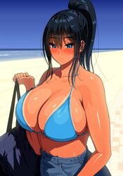  arm_at_side bag bare_shoulders bikini bikini_tan bikini_top_only black_hair blue_eyes blue_shorts blush breasts buttons cleavage closed_mouth collarbone commentary_request day eyelashes female fingernails hair_between_eyes halterneck hand_up holding holding_bag huge_breasts long_hair looking_at_viewer makeup mascara navel nose_blush original outdoors ponytail shorts shoulder_bag sidelocks smile solo standing strap_gap sweat swimsuit tan tanline_peek tanlines upper_body youshu_ohepe 