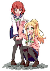  2girls :d black_legwear blonde_hair blue_sailor_collar blue_skirt blunt_bangs blush brown_footwear cardigan commentary_request full_body green_eyes highres hiroshix31 inose_mai koisuru_asteroid long_hair long_sleeves looking_down looking_up multiple_girls open_mouth panties panties_under_pantyhose pantyhose pink_cardigan ponytail red_hair sailor_collar sakurai_mikage school_uniform serafuku shoes short_hair simple_background skirt smile squatting thighband_pantyhose thighhighs underwear white_background zettai_ryouiki 