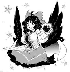  arm_cannon bird_wings black_sun black_wings blouse breasts buttons center_frills collared_shirt control_rod female frilled_shirt_collar frilled_skirt frills greyscale large_breasts long_hair monochrome puffy_short_sleeves puffy_sleeves reiuji_utsuho shirt short_sleeves skirt solo sun tanasuke third_eye touhou weapon wings 