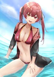  bare_shoulders bikini blush breasts cleavage collarbone female gakuon_(gakuto) heterochromia highres hololive houshou_marine houshou_marine_(summer) large_breasts long_hair long_sleeves looking_at_viewer navel official_alternate_costume open_mouth outdoors red_eyes red_hair smile solo swimsuit thighs twintails virtual_youtuber yellow_eyes 