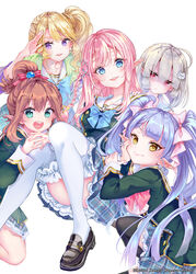  2019 5girls :&gt; :d aqua_eyes arm_up artist_name black_footwear black_thighhighs blonde_hair blue_bow blue_eyes blue_hair blunt_bangs blush bow bowtie braid brown_hair cat_hair_ornament character_request closed_mouth collarbone commentary_request elf elf_gakuen_no_love_come_wa_sotsugyou_dekinai eyes_visible_through_hair hair_between_eyes hair_ornament hairbow hand_on_another&#039;s_shoulder hand_on_own_cheek hand_on_own_face highres kneeling layered_skirt loafers long_hair long_sleeves looking_at_viewer multiple_girls novel_illustration official_art open_mouth parted_lips photoshop_(medium) pink_hair pisuke plaid plaid_skirt pointy_ears ponytail purple_eyes red_eyes round_teeth school_uniform shaded_face shoes side_ponytail sidelocks sitting skirt smile teeth textless_version thighhighs twintails upper_teeth_only upskirt wavy_hair white_background white_thighhighs x_hair_ornament yellow_eyes 