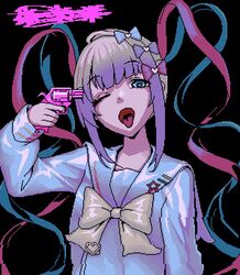  blue_eyes blue_hair bow chouzetsusaikawa_tenshi-chan commentary drill_hair eencya gun gun_to_head holographic_clothing large_bow long_sleeves looking_at_viewer multicolored_hair needy_girl_overdose official_art pin pink_hair pixel_art quad_tails solo sonatine symbol-only_commentary tongue tongue_out twin_drills uvula weapon white_hair yellow_bow 