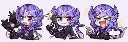  &gt;_&lt; animal_on_hand apex_legends black_sweater blue_eyes braid chibi dragon ember_(selen_tatsuki) fang_out fangs female gun hair_ornament hairclip handgun head_wings heterochromia holding holding_gun holding_weapon lanyard laughing medium_hair multiple_views muzzle nijisanji nijisanji_en oerba_yun_fang p2020_(pistol) pointing purple_eyes purple_hair selen_tatsuki selen_tatsuki_(1st_costume) skin_fang skin_fangs smile sumiya_nadateru sweater tail tail_wagging twin_braids virtual_youtuber weapon wings 