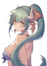  bikini blue_bikini blue_hair blush bow breasts closed_mouth fate/grand_order fate_(series) female frilled_bikini frills hair_between_eyes hairbow halterneck horns kiyohime_(fate) kiyohime_(swimsuit_lancer)_(fate) kiyohime_(swimsuit_lancer)_(third_ascension)_(fate) long_hair oukawa_yuu ponytail smile solo strap_gap swimsuit upper_body white_background yellow_eyes 