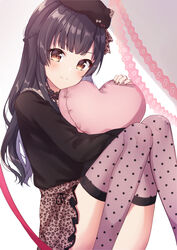  absurdres black_hair black_hat black_shirt blush bow braid brown_eyes choker closed_mouth female hat hat_bow heart heart-shaped_pillow highres hugging_object idolmaster idolmaster_shiny_colors long_hair long_sleeves looking_at_viewer mayuzumi_fuyuko miniskirt mochiko_(uyu_omochi) nail_polish pillow pillow_hug pink_thighhighs polka_dot polka_dot_legwear print_skirt purple_nails red_bow shirt sitting skirt smile solo thighhighs white_background white_bow 