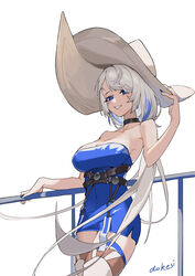  absurdres against_railing alchemy_stars artist_name azure_(alchemy_stars) bare_shoulders blue_dress blue_eyes blue_nails breasts choker cleavage collarbone covered_navel cowboy_shot dokeshi dress female grey_hair grey_hat hand_on_headwear harness hat highres large_breasts lips long_hair looking_at_viewer multicolored_hair open_mouth railing simple_background smile solo strapless strapless_dress streaked_hair teeth thighhighs very_long_hair white_background 