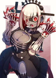  black_skin breasts capelet claw_pose claws cleavage cleavage_cutout clothing_cutout colored_eyelashes colored_inner_hair colored_skin commentary_request cross ear_piercing eyepatch female grey_skin hairband highres impaled joints kuroi_susumu large_breasts looking_at_viewer multicolored_hair multicolored_skin open_mouth original patchwork_skin piercing red_eyes red_hair showgirl_skirt solo stitches streaked_hair two-tone_hair white_hair zombie 