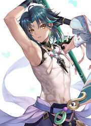  1boy ahoge arm_guards arm_tattoo armpits arms_up bead_necklace beads bug butterfly commentary covered_navel cowboy_shot detached_sleeves eyeliner facial_mark forehead_mark genshin_impact gloves green_gloves green_hair head_tilt highres holding holding_weapon jewelry looking_at_viewer makeup male_focus md5_mismatch multicolored_hair nasaniliu necklace parted_bangs parted_lips print_shirt resolution_mismatch shirt shoulder_pads shoulder_spikes simple_background single_sleeve sleeveless sleeveless_shirt solo source_smaller spikes standing tassel tattoo turtleneck two-tone_hair weapon white_background white_shirt xiao_(genshin_impact) yellow_eyes 