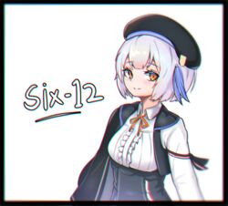  beret blush breasts commentary_request female frilled_shirt frills girls&#039;_frontline hat korean_commentary kumarang medium_breasts shirt short_hair six12_(girls&#039;_frontline) smile white_hair yellow_eyes 