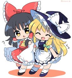  2girls ? ^_^ ankle_socks apron arm_up artist_name ascot back_bow bare_shoulders black_dress black_footwear black_headwear blonde_hair blush bow breasts buttons chibi closed_eyes collared_shirt commentary detached_sleeves dress frilled_bow frilled_hair_tubes frills full_body green_bow grey_bow grey_hair hair_ornament hair_tubes hairbow hakurei_reimu hand_up hat hat_bow highres kirisame_marisa long_hair long_sleeves looking_at_another medium_breasts multiple_girls open_mouth puffy_short_sleeves puffy_sleeves purple_footwear ramudia_(lamyun) red_bow red_dress ribbon-trimmed_sleeves ribbon_trim shadow shirt shoes short_hair short_sleeves simple_background smile socks standing touhou twitter_username v-shaped_eyebrows white_apron white_background white_bow white_sleeves white_socks wide_sleeves witch_hat yellow_ascot yellow_eyes 