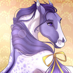  1:1 2023 ambiguous_gender bow_ribbon bust_portrait digital_media_(artwork) drizer equid equine eyebrows facial_markings feral hair head_markings hi_res horse looking_aside male_(lore) mammal mane markings multicolored_body portrait purple_eyes purple_hair purple_mane simple_background solo soma_silvertongue_(wasen) two_tone_body 