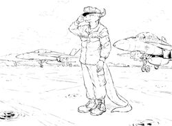  2022 aircraft airplane anthro boots clawed_fingers clothing cloud decal dragon f-18 footwear gesture hat headgear headwear horn hotchkisstank jet line_art male military_cap military_uniform monochrome mythological_creature mythological_scalie mythology runway salute scalie sky skyscape smile solo tail uniform vehicle wheel 