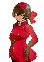  akira_(manga) alternate_costume black_hair bow brown_gloves closed_mouth commentary female girls_und_panzer girls_und_panzer_ribbon_no_musha gloves hair_ribbon hairbow half-closed_eyes hand_on_own_hip jacket large_bow long_sleeves looking_at_viewer mole mole_under_eye nogami_takeshi red_bow red_eyes red_jacket red_ribbon ribbon short_hair simple_background smile solo standing tsuruki_shizuka upper_body white_background 