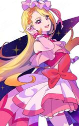  :d blonde_hair chon_chiyon commentary cure_butterfly dress eyelashes female hair_ornament happy hijiri_ageha hirogaru_sky!_precure long_hair looking_at_viewer magical_girl multicolored_hair open_mouth orange_hair pink_dress pink_eyes pink_skirt precure skirt smile solo standing streaked_hair thigh_strap 