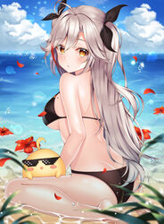  absurdres ahoge ass azur_lane bare_legs bare_shoulders barefoot bikini black_bikini blue_sky blush bow breasts butt_crack cleavage cloud cloudy_sky commentary day deal_with_it_(meme) female flower full_body gradient_hair grey_hair hairbow hibiscus highres large_breasts looking_at_viewer manjuu_(azur_lane) medium_breasts meme mole mole_on_breast multicolored_hair ocean official_alternate_costume outdoors parted_lips prinz_eugen_(azur_lane) prinz_eugen_(unfading_smile)_(azur_lane) red_hair sideboob sitting sky solo sparkle ssong2 swimsuit thighs underboob water water_drop 