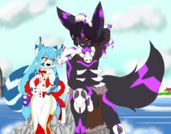  2023 absurd_res amber_eyes anthro beach black_body black_fur black_hair blake_(derthevaporeon) blue_body blue_fur blue_hair bodily_fluids bottomwear cape clothing derthevaporeon duo eeveelution facial_markings female fur furret generation_2_pokemon generation_4_pokemon glaceon glowing glowing_markings hair head_markings hi_res hybrid_pokemon irene_(derthevaporeon) loincloth male markings nintendo one_eye_closed ornamental_armor pokemon pokemon_(species) red_eyes rock scar sea seaside shrine_maiden skeletal_armor smile sweat sweatdrop tail tribal tribal_clothing umbreon water 