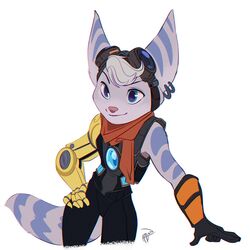  1:1 anthro biped blue_body blue_eyes blue_fur bodysuit clothing cybernetic_arm cybernetic_limb ear_piercing ear_ring eyewear eyewear_on_head female flat_chested fur gloves goggles goggles_on_head hand_on_hip handwear head_tuft hi_res krossan_(artist) lombax mammal piercing prosthetic prosthetic_arm prosthetic_limb ratchet_and_clank ring_piercing rivet_(ratchet_and_clank) simple_background skinsuit solo sony_corporation sony_interactive_entertainment tight_clothing tuft white_background white_body white_fur 