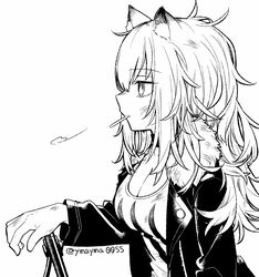  animal_ears arknights arm_rest breasts candy cleavage female food food_in_mouth from_side fur-trimmed_jacket fur_trim greyscale jacket large_breasts leather leather_jacket lion_ears lollipop long_hair monochrome mouth_hold open_clothes open_jacket profile shirt siege siege_(arknights) simple_background solo twitter_username upper_body white_background yom_(ymayma00ss) 