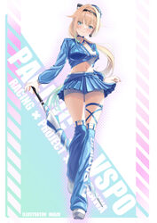  absurdres aizawa_ema blonde_hair blue_choker blue_eyes blue_hair blue_nails blue_skirt blush border breasts cat_earrings choker closed_umbrella clothes_lift crop_top female full_body gradient_hair hair_flaps headband highres long_hair looking_at_viewer medium_breasts midriff multicolored_hair mussan navel pleated_skirt ponytail race_queen shiny_clothes skindentation skirt skirt_lift smile solo standing thigh_gap thigh_strap thighs umbrella virtual_youtuber vspo! white_border 