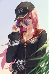  adjusting_eyewear anchor_print baseball_cap black_hat black_sweater breasts cleavage day female grin hat heart heart-shaped_eyewear heterochromia highres hololive houshou_marine houshou_marine_(summer) jewelry large_breasts long_hair looking_at_viewer looking_over_eyewear naxile necklace official_alternate_costume outdoors pink_hair purple-tinted_eyewear red_eyes smile solo sunglasses sweater tinted_eyewear upper_body virtual_youtuber yellow_eyes 