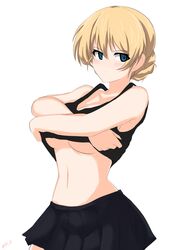  absurdres aikir_(jml5160) bare_shoulders black_shirt black_skirt blonde_hair blue_eyes blush braid breasts collarbone cowboy_shot darjeeling_(girls_und_panzer) female french_braid girls_und_panzer highres looking_at_viewer medium_breasts navel one-hour_drawing_challenge shirt skirt solo strap_gap tank_top underboob undressing white_background 