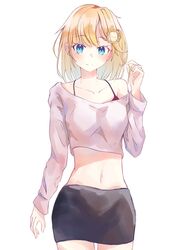  alternate_costume blonde_hair blue_eyes blush bob_cut breasts closed_mouth commentary female hair_ornament highres hololive hololive_english looking_at_viewer navel shironekokfp short_hair smile solo standing virtual_youtuber watson_amelia white_background 