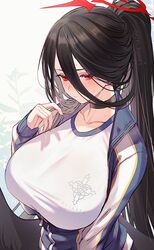  black_choker black_hair black_wings blue_archive blue_jacket blush breasts choker collarbone female gym_shirt gym_uniform hair_between_eyes halo hasumi_(blue_archive) hasumi_(track)_(blue_archive) jacket kamui_natsuki large_breasts long_hair low_wings mole mole_under_eye official_alternate_costume open_clothes open_jacket ponytail red_eyes shirt solo sweat track_jacket white_shirt wings 