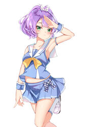  absurdres arm_up armpits azur_lane bad_id bad_pixiv_id bare_shoulders blue_shirt blue_skirt blush bow breasts catnnn closed_mouth collarbone commentary crop_top female foot_out_of_frame green_eyes hair_between_eyes hair_ornament hair_ribbon hand_up highres javelin_(azur_lane) javelin_(let&#039;s_become_waitresses!)_(azur_lane) leg_up looking_at_viewer medium_breasts midriff midriff_peek miniskirt navel official_alternate_costume pleated_skirt ponytail purple_hair ribbon sailor_collar shirt shoes short_hair simple_background skirt sleeveless sleeveless_shirt socks solo standing standing_on_one_leg white_background white_footwear white_ribbon white_sailor_collar white_socks wrist_cuffs wristband 