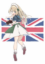  apron blonde_hair blue_eyes blue_sailor_collar cake chocolate_cake dress female food from_behind full_body gloves green_apron holding holding_tray jervis_(kancolle) kantai_collection maid_headdress mary_janes matsutani sailor_collar sailor_dress shoes solo tray union_jack white_dress white_gloves 