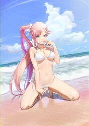  bikini blue_eyes blue_sky breasts cloud day female full_body halterneck hand_on_own_face highres long_hair looking_at_viewer medium_breasts navel naxile ocean original outdoors pink_hair sand seiza side-tie_bikini_bottom side_ponytail sitting sky solo string_bikini swimsuit water white_bikini 