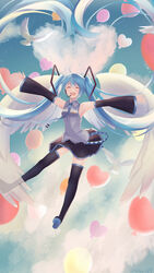  :d absurdres ahoge armpits black_footwear black_skirt black_sleeves blue_hair blue_necktie boots closed_eyes collared_shirt detached_sleeves facing_viewer female floating_hair full_body grey_shirt hair_between_eyes hatsune_miku headset highres long_hair long_sleeves microphone miniskirt necktie noneon319 open_mouth outstretched_arms outstretched_hand pleated_skirt shirt skirt sleeveless sleeveless_shirt smile solo thigh_boots thighhighs twintails very_long_hair vocaloid wing_collar zettai_ryouiki 