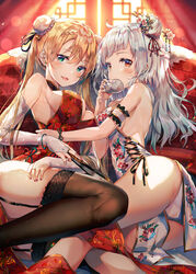  2girls absurdres arm_garter ass backless_dress backless_outfit bangle baozi bare_shoulders blonde_hair blurry bokeh bracelet breasts bridal_gauntlets brown_legwear bun_cover china_dress chinese_clothes clothes_between_thighs clothing_cutout commentary cross-laced_clothes cross-laced_cutout depth_of_field dress eating floral_print folded_fan folding_fan food garter_straps gold_trim green_eyes hair_bun hair_ornament hairpin hand_fan hand_on_own_thigh highres holding holding_fan huwari_(dnwls3010) jewelry large_breasts long_hair looking_at_viewer medium_breasts multiple_girls nail_polish open_mouth original panties pelvic_curtain red_dress red_eyes sideless_outfit single_hair_bun sleeveless sleeveless_dress smile thighhighs thighs twintails underwear white_dress white_hair white_panties 