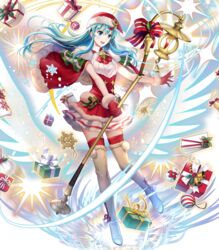  alternate_costume asatani_tomoyo blue_eyes blue_hair boots box breasts candle cape christmas christmas_ornaments earrings eirika_(fire_emblem) eirika_(winter)_(fire_emblem) female fire_emblem fire_emblem:_the_sacred_stones fire_emblem_heroes full_body fur_trim gift gift_box gloves hat highres holding jewelry long_hair looking_away medium_breasts official_art open_mouth pleated_skirt pom_pom_(clothes) red_gloves red_thighhighs santa_hat skirt sleeveless smile snowflakes solo sparkle staff thigh_boots thighhighs transparent_background zettai_ryouiki 