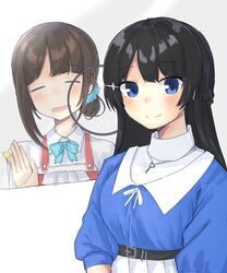  2girls alternate_costume bad_id bad_pixiv_id belt belt_buckle black_belt black_hair blue_bow blue_eyes blue_scrunchie blue_shirt blush bow braid breasts brown_hair buckle closed_mouth collared_shirt commentary_request hair_bun hair_ornament hair_scrunchie high-waist_skirt long_hair looking_at_viewer medium_breasts mole mole_on_neck moti_yousei multiple_girls nijisanji pleated_skirt scrunchie shirt single_hair_bun skirt smile suzuka_utako suzuka_utako_(1st_costume) tsukino_mito tsukino_mito_(2nd_costume) very_long_hair virtual_youtuber white_shirt white_skirt 