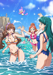  5girls :d akagi_towa amanogawa_kirara aroma_(go!_princess_precure) artist_name ass back bikini bikini_skirt bird blue_eyes blue_hair breasts brown_hair casual_one-piece_swimsuit cliff commentary_request competition_swimsuit covered_nipples earrings frilled_bikini frilled_one-piece_swimsuit frills glasses go!_princess_precure green_hair haruno_haruka jewelry joy_ride kaidou_minami large_breasts long_hair multiple_girls nanase_yui navel ocean one-piece_swimsuit open_mouth outdoors precure profile puff_(go!_princess_precure) purple_eyes short_hair side-tie_bikini_bottom smile sparkle splashing star_(symbol) star_earrings striped_bikini striped_clothes sunlight swimsuit twilight_(go!_princess_precure) wading water 