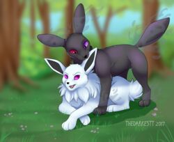  auster bite canid canine duo ear_bite eevee fakemon fakeveelution fan_character female feral fur generation_1_pokemon heterochromia hi_res labra male mammal nature nintendo phanteon pokemon pokemon_(species) purple_eyes red_eyes thedarkestt white_body white_fur 