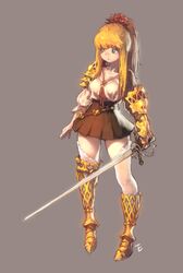  absurdres armor armored_boots armored_dress asymmetrical_legwear belt blonde_hair blue_eyes boots commentary dicorndl female full_body grey_background hair_ornament high_ponytail highres long_hair original simple_background skirt solo standing sword thighhighs uneven_legwear weapon white_legwear zettai_ryouiki 