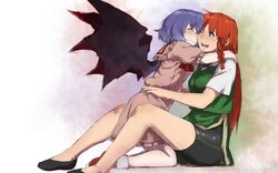  2girls bat_wings bike_shorts black_bow blue_hair blush bow braid closed_eyes commentary_request hairbow hong_meiling hug kneeling multiple_girls nuzzle red_eyes red_footwear red_hair remilia_scarlet shoes short_hair short_sleeves side_braid sitting smile terimayo touhou wings 