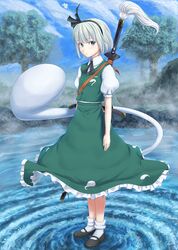  ata_(egalite) blue_sky cloud commentary_request day female ghost grey_eyes hair_ribbon hairband highres hitodama katana konpaku_youmu konpaku_youmu_(ghost) lily_white looking_at_viewer mary_janes puffy_sleeves ribbon scabbard sheath sheathed shoes short_hair short_sleeves skirt skirt_set sky socks standing standing_on_liquid sword touhou tree triangular_headpiece vest wakizashi weapon white_hair white_legwear 