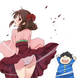  1boy ass blush bow brown_hair clothes_lift commentary_request crossover drill_hair female from_behind hairbow hakama hakama_lift hakama_skirt harukaze_(kancolle) highres japanese_clothes kantai_collection kimono long_hair looking_back meiji_schoolgirl_uniform panties pink_kimono red_bow red_eyes red_hakama sarfata sarutobi_nikumaru sasuga_no_sarutobi simple_background skirt twin_drills underwear white_background white_panties wind wind_lift 