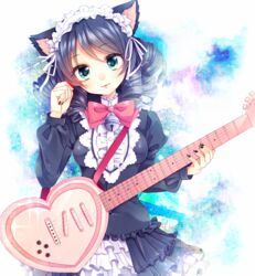  animal_ears bell blue_hair bow bowtie cat_ears cat_girl commentary_request curly_hair cyan_(show_by_rock!!) female green_eyes guitar headdress heart heart_guitar instrument looking_at_viewer nail_polish plectrum sasakichi_(ssk_chi) short_hair show_by_rock!! skirt solo strawberry_heart_(show_by_rock!!) tareme 