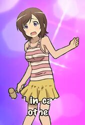  annoyed artist_request bare_arms foreshortening futsuu_no_joshikousei_ga_locodol_yattemita hammer legs medium_breasts solo tank_top usami_nanako weapon yellow_skirt 