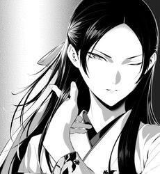  commentary_request female fingernails forehead greyscale hair_ribbon hiiragi_yuuichi japanese_clothes kakegurui kakegurui_midari kimono long_hair long_sleeves looking_at_viewer monochrome nishinotouin_yuriko one_eye_closed parted_bangs parted_lips ribbon solo upper_body 