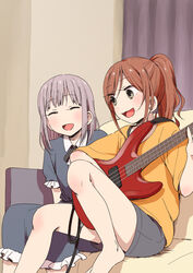  2girls :d ^_^ aged_down bang_dream! barefoot bass_guitar black_ribbon blue_dress closed_eyes collared_dress commentary_request couch dress frilled_dress frilled_sleeves frills grey_eyes grey_hair holding holding_instrument imai_lisa instrument knee_up minato_yukina multiple_girls murata_(igaratara) music neck_ribbon open_mouth playing_instrument ponytail ribbon shirt sidelocks smile yellow_shirt 